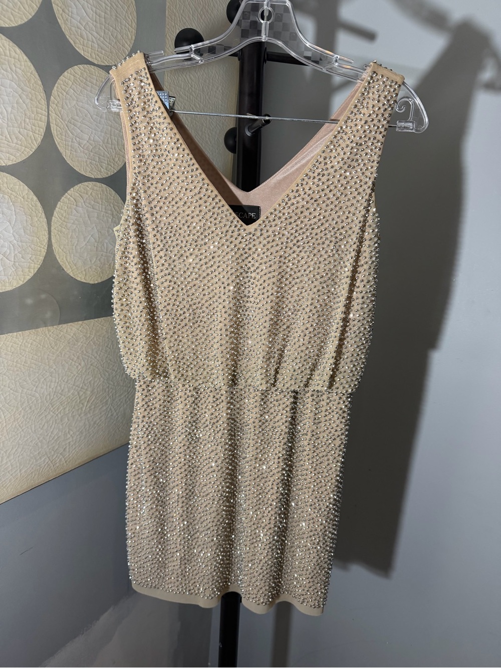 Xscape Champagne Beaded V-Neck Mini Dress